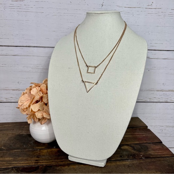Gold Tone Geometric Two Strand Statement Necklace - Picture 5 of 6